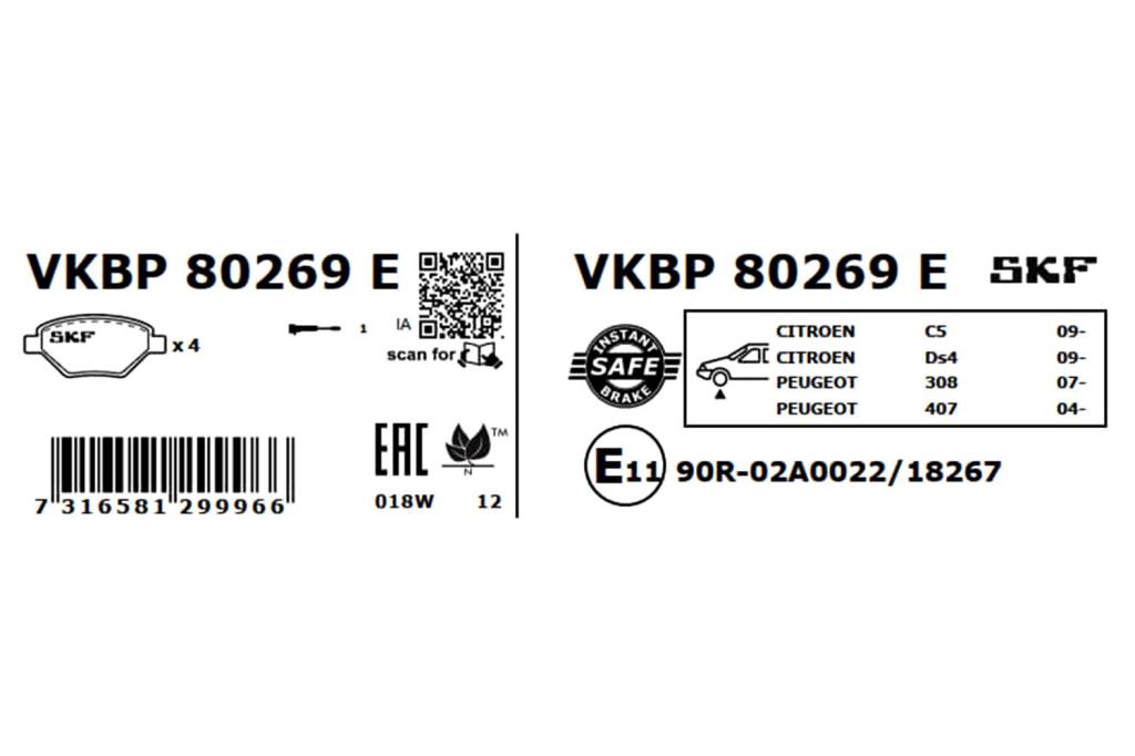 Jeu de 4 plaquettes de frein SKF ref. VKBP 80269 E